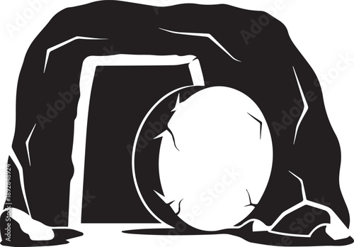 Empty tomb of jesus silhouette vector illustration line art with stone rolled away graphic