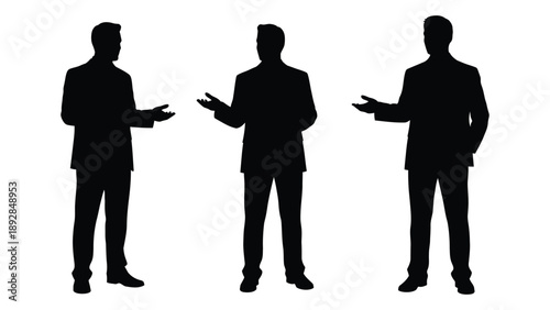 Three silhouetted figures of men in suits gesturing and appearing to converse