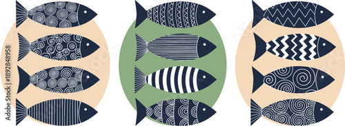 Vector illustration set of decorative fish with geometric patterns and swirls on colored circles for coastal and nautical design