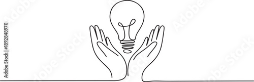 Hands with bulb light continuous one line symbol drawing.one line vector illustration with white background