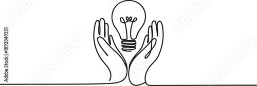 Hands with bulb light continuous one line symbol drawing.one line vector illustration with white background