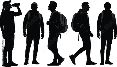 Male backpacker silhouettes showing walking, standing, and drinking poses in urban lifestyle and travel adventure concept illustration