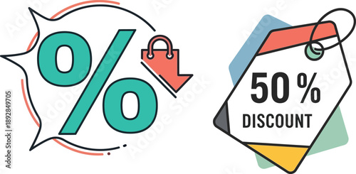 Dynamic graphic elements showcasing sales promotions and special discount offers with percentage signs and price tags for retail shopping