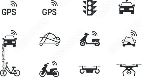 Smart transportation icon set, GPS connected vehicles symbols, autonomous mobility technology illustration, traffic navigation system, flat vector collection, design pack
