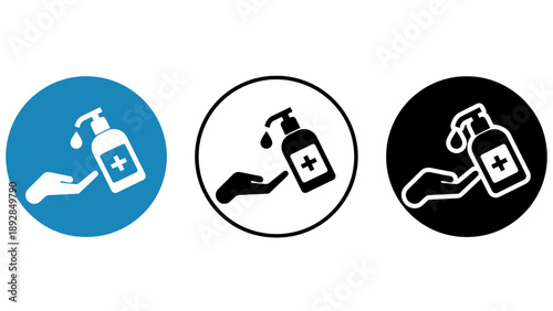 Three hand sanitizer icons in different colors on a white background