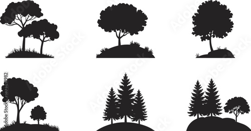 Tree silhouettes collection, forest landscape icons set, nature scenery illustration, deciduous and pine trees isolated white background minimalist vector design