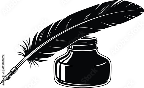 Vintage Feather Quill Pen and Inkwell Bottle Silhouette for Classic Literature, Writing, Poetry, Historical Documentation, and Artistic Calligraphy Design Projects