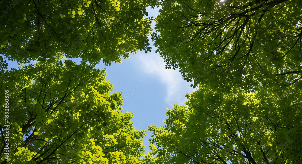 Fototapeta premium Looking up through green tree canopy to a bright blue sky with sunbeams