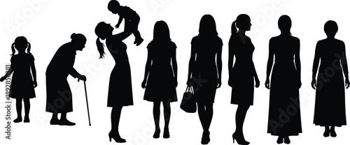Female life stages silhouette from childhood to old age showing motherhood, aging, family growth and woman life cycle concept isolated
