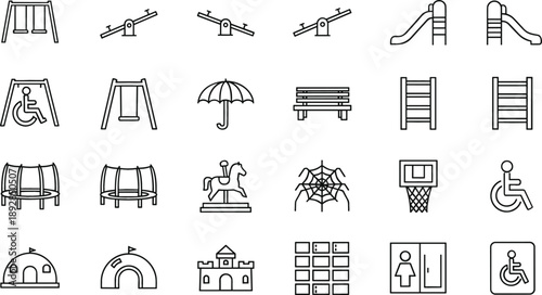 Playground and public park icon set featuring swings slides seesaws benches inclusive accessibility symbols and recreational equipment vector
