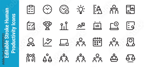 Editable stroke human productivity icons vector illustration for business management and career growth