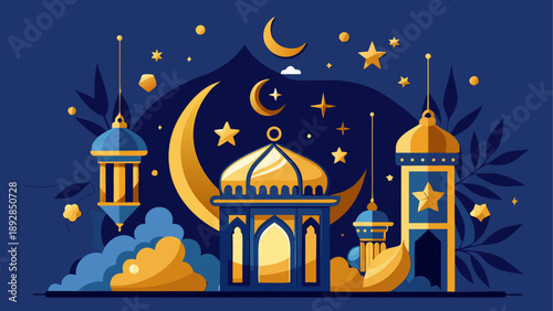 Nighttime mosque with crescent moon and stars