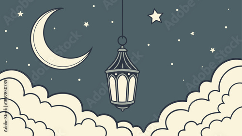 Whimsical night sky with hanging lantern and moon