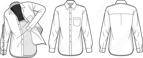 White dress shirt front back and open white shirt button down long sleeve front view
