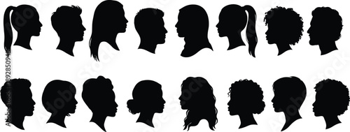 Diverse human face profile silhouettes set, men and women head side view collection, identity and diversity concept isolated