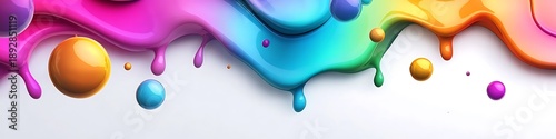Vibrant glossy paint splashes and colorful spheres creating abstract fluid art flowing downwards across a clean bright white background canvas