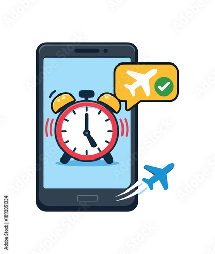 colored flat icon vector illustration isolated on white background alarm clock on phone set early flight reminder