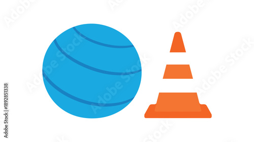 colored flat icon vector illustration isolated on white background ball and cone icon indoor gym or movement room pictogram flat on white background clean shapes