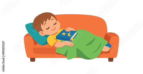 colored flat icon vector illustration isolated on white background isolated on white background child resting on sofa with small blanket and storybook on chest quiet afternoon nap flat on