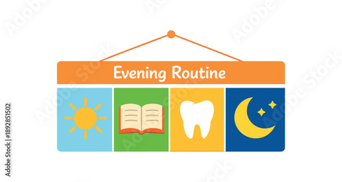 colored flat icon vector illustration isolated on white background isolated on white background chart with sun book tooth and moon evening routine steps for kids flat on white background