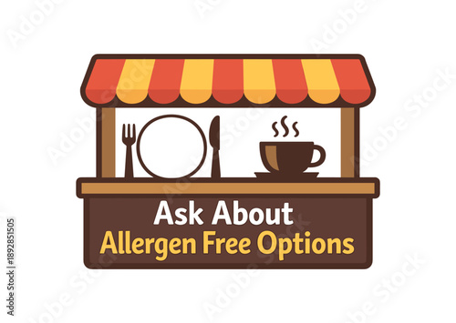 colored flat icon vector illustration isolated on white background small cafe sign with simple plate icon and text ask about allergen free options