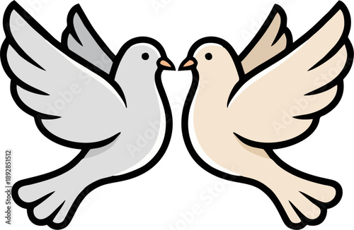 Romantic Pair of Love Doves Vector, Cute Cartoon Wedding Birds Facing Each Other