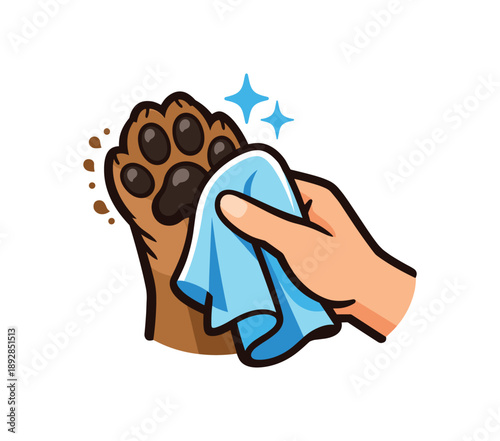 colored flat icon vector illustration isolated on white background dog paw being wiped with soft towel after walk clean habit