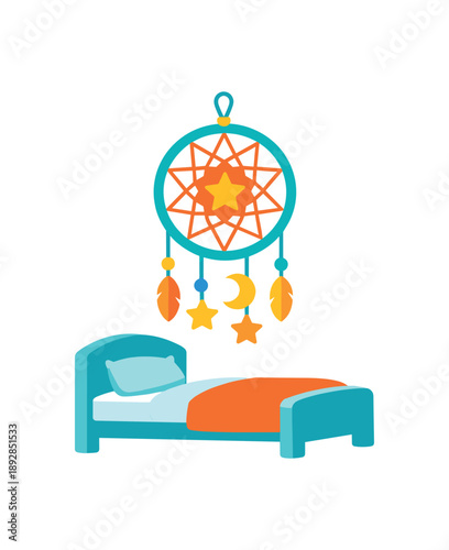 colored flat icon vector illustration isolated on white background isolated on white background hanging dreamcatcher with stars over kids bed sleep symbol flat on white background clean