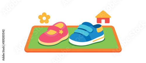 colored flat icon vector illustration isolated on white background shoe pair on mat preschool shoe change area pictogram flat on white background clean shapes