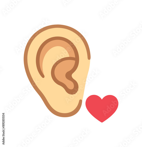 colored flat icon vector illustration isolated on white background ear icon and small heart listen and respect rule pictogram flat on white background clean shapes