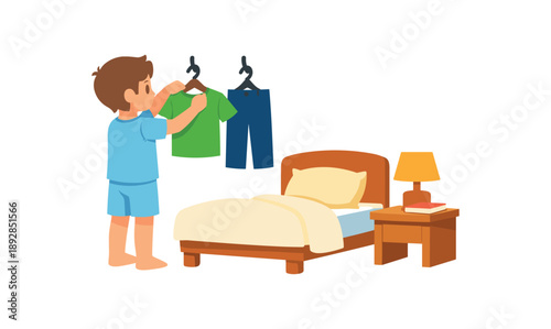 colored flat icon vector illustration isolated on white background isolated on white background child hanging tomorrow clothes on hook beside bed calm morning prep before sleep flat on