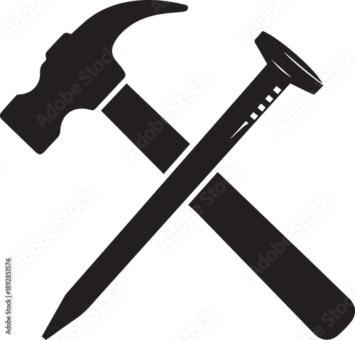 Hammer and nail crossed line art illustration vector as a carpentry or construction symbol