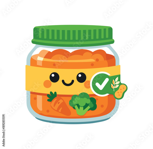 colored flat icon vector illustration isolated on white background baby food jar icon with pureed vegetables simple face and allergen checked ingredient strip