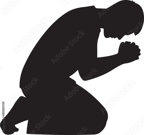 Kneeling man silhouette praying with hands joined together in spiritual vector illustration