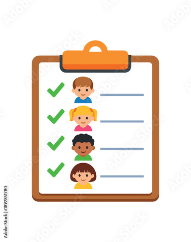 colored flat icon vector illustration isolated on white background clipboard with checkmarks and child icon attendance list pictogram flat on white background clean shapes