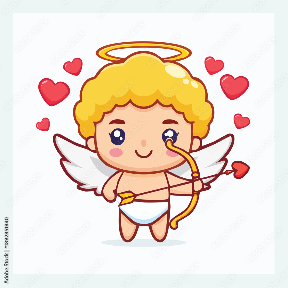 Obraz premium Cute cartoon Cupid with blonde hair, halo, wings, holding a bow and heart-tipped arrow, surrounded by red hearts on a white background.