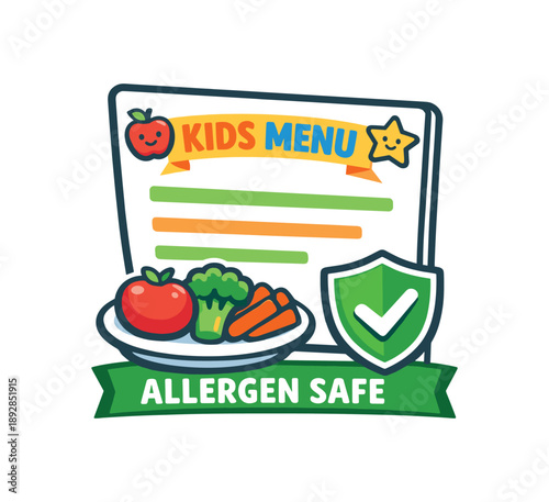 colored flat icon vector illustration isolated on white background children menu card icon with small shield and veggie plate allergen safe section