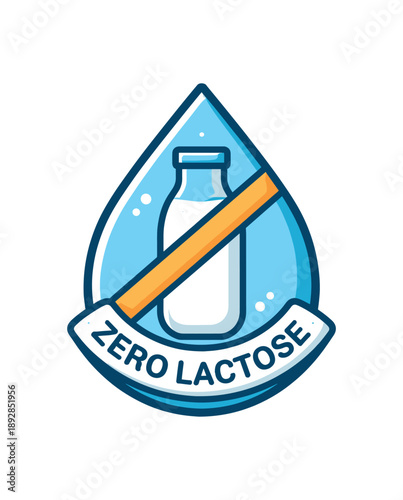 colored flat icon vector illustration isolated on white background drop shaped badge with milk bottle outline and cross line zero lactose sign