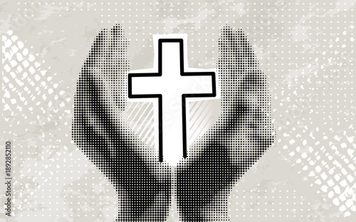 Trendy Halftone Collage with hands holding a cross. Halftone Collage of a hands hold a jesus cross. Christian and catholic religious beliefs. 
