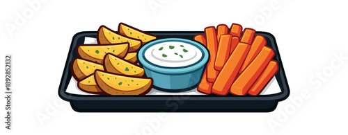 colored flat icon vector illustration isolated on white background tray of baked potato wedges and carrot sticks with safe dip bowl middle