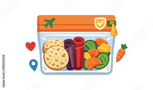 colored flat icon vector illustration isolated on white background travel snack pouch design with rice crackers fruit leather and veggie chips safe on the go