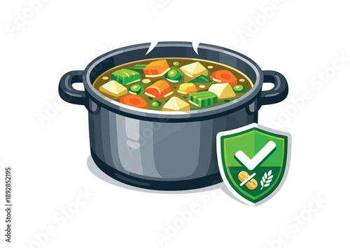 colored flat icon vector illustration isolated on white background family style soup pot with clear broth chunky vegetables steam and tiny allergen safe shield badge