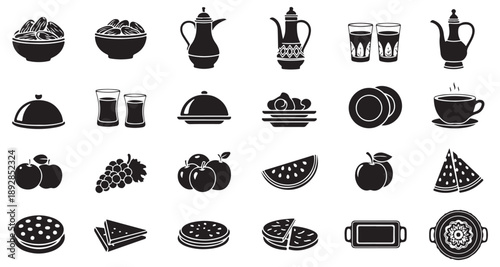 Ramadan iftar food icon set with dates teapot fruit vector