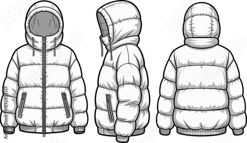 White puffer jacket with hood in three views white jacket hooded jacket winter clothing fashion coat