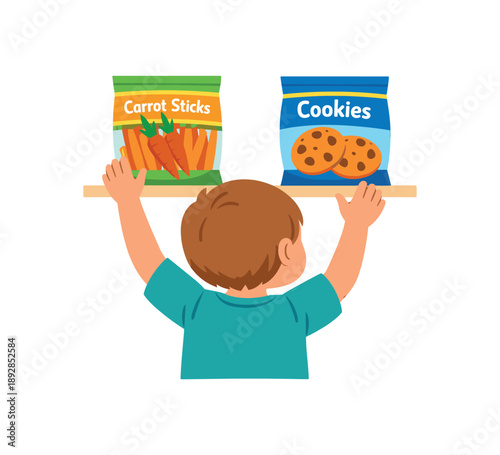 full color icon child choosing snack from shelf carrot sticks pack and cookies pack kids snack decision clean shapes. colored flat icon vector illustration isolated on white background