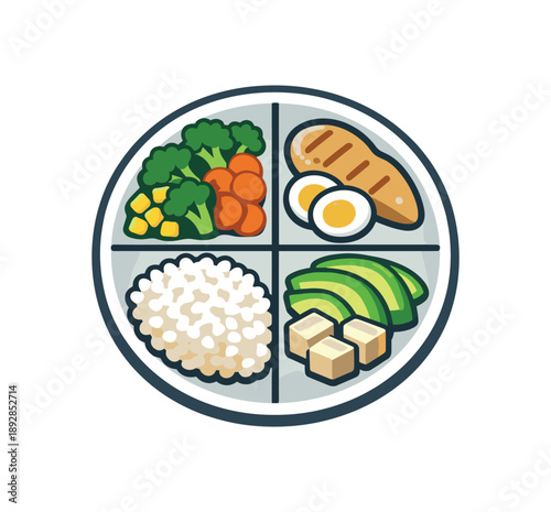 colored flat icon vector illustration isolated on white background plate divided into small portions rice cooked veggies safe protein simple digestible combo