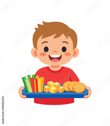 full color icon kid holding tray with colorful veggie sticks cheese cubes and crackers fun snack plate clean shapes. colored flat icon vector illustration isolated on white background