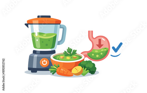 colored flat icon vector illustration isolated on white background blender icon with soft puree soup vegetables tiny stomach symbol easy swallowing