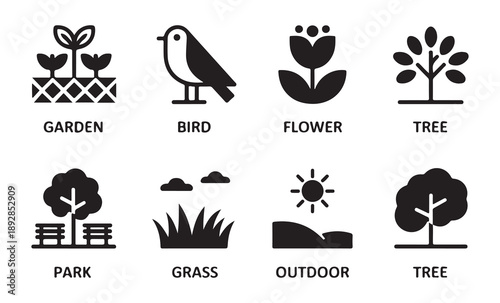 Set of simple garden and nature flat icons birds trees flowers grass park outdoor and more simple icons