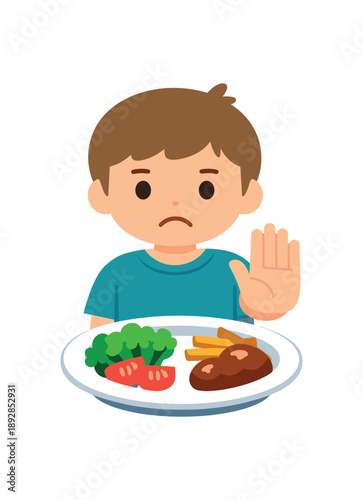 colored flat icon vector illustration isolated on white background isolated on white background child with plate half full and stop hand overeating avoid too much food rule flat on white
